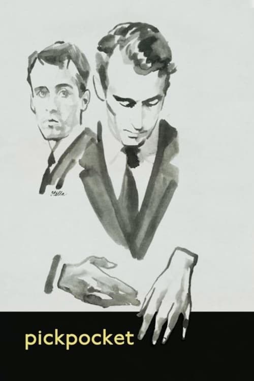 This movie poster features two men in a dramatic, sketchy style with muted tones. The man on the left looks concerned, while the man on the right appears more serious and intense. The mood is suspenseful and mysterious, hinting at a thriller or crime drama. The text "pickpocket" is prominently di...