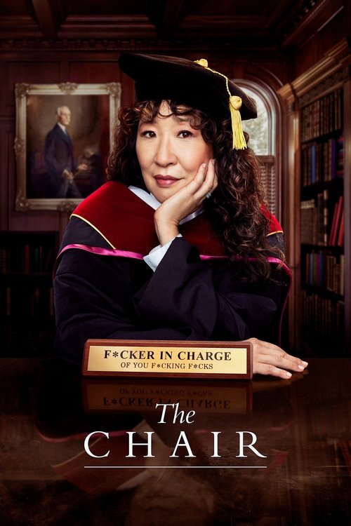 The poster features a woman in academic regalia, holding a book titled "The Chair" with a solemn expression. Warm lighting and rich wood tones evoke a sense of scholarly tradition and quiet contemplation.