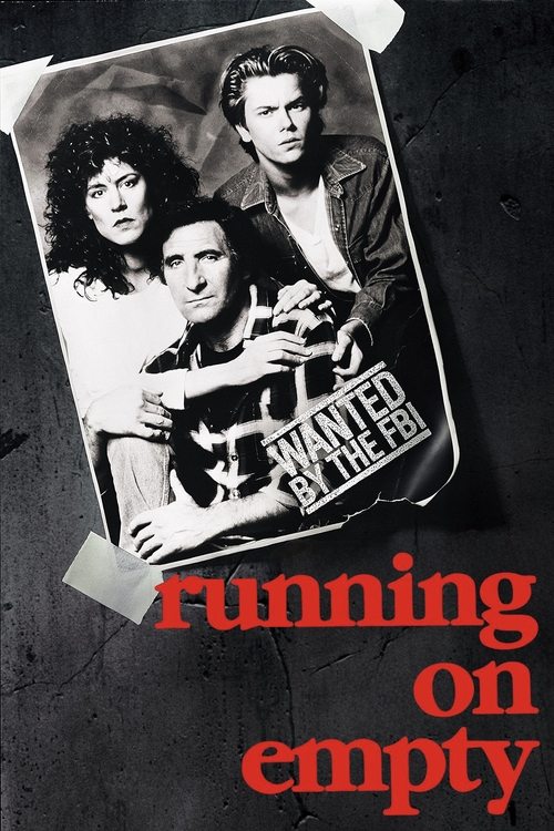 The poster features three characters in a gritty, black-and-white photograph with a torn paper effect. The title "Running on Empty" is prominently displayed in bold red letters against a dark, textured background. The mood is tense and dramatic, evoking a sense of urgency and danger.