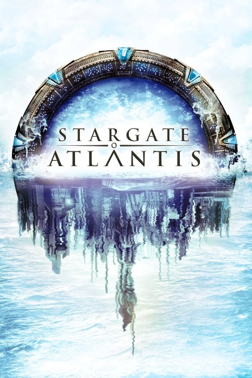 The poster features a mysterious, icy blue backdrop with a circular portal structure at the top, hinting at the show's sci-fi elements. The title "Stargate Atlantis" is prominently displayed in elegant, serif font. The overall mood is one of wonder and adventure, evoking a sense of exploration an...