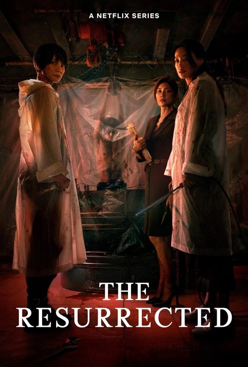 The poster features three figures in period costumes against a dark, eerie backdrop. Warm lighting highlights their solemn expressions, while the title "The Resurrected" is prominently displayed in bold, white letters. The overall mood is mysterious and suspenseful, suggesting a horror or thrille...