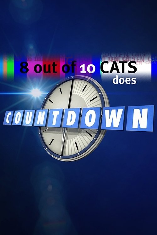 The poster features a clock face with the words "8 out of 10 Cats Does Countdown" in bold, colorful text against a dark blue background. The vibrant rainbow colors and bright light effect create an energetic and exciting mood, suggesting a lively and entertaining show.