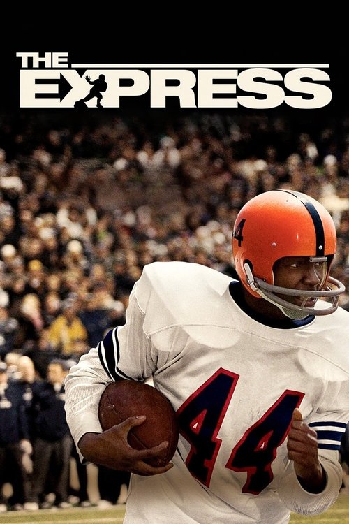 The Express poster captures a football player in action, wearing an orange helmet and white jersey with the number 44. The background shows a blurred crowd of spectators, suggesting a lively stadium atmosphere. The bold title "THE EXPRESS" dominates the top, conveying excitement and anticipation.
