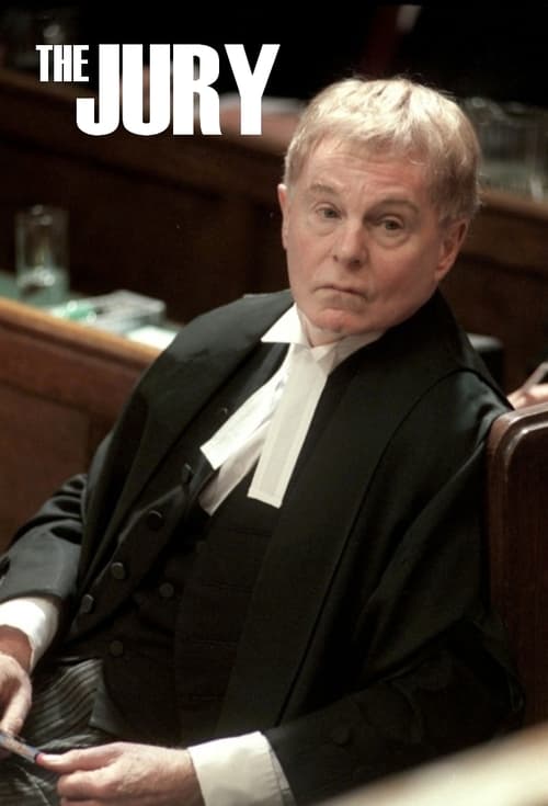 The jury poster features a stern judge in black robes, exuding authority and seriousness. The muted tones of the courtroom setting, with wooden paneling and soft lighting, create a somber and reflective mood. The title "THE JURY" is prominently displayed in bold white letters, emphasizing the gra...