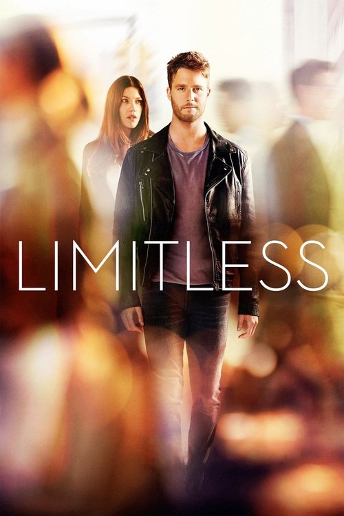 The poster features a man in a leather jacket standing confidently in the center, surrounded by blurred figures in warm, golden hues. The bold text "LIMITLESS" dominates the lower portion, evoking themes of freedom and endless possibilities.