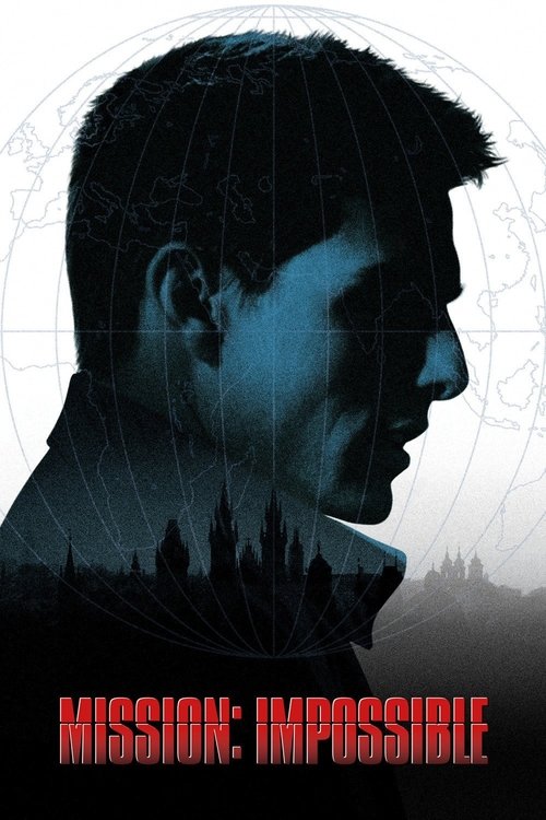The poster features a dark silhouette of a man's face, partially obscured by a grid pattern that hints at a digital or futuristic theme. The background is a mix of deep blues and blacks, creating an eerie and mysterious atmosphere. At the bottom, the title "MISSION: IMPOSSIBLE" is displayed in bo...