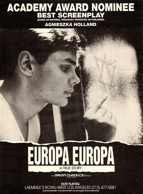 The poster features a striking black-and-white portrait of a young man with a contemplative expression, set against a dark, moody background. The bold, white typography of "EUROPA EUROPA" dominates the lower section, conveying a sense of drama and intrigue. The overall composition evokes a classi...