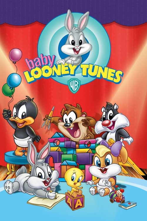 This vibrant poster features beloved cartoon characters like Bugs Bunny, Daffy Duck, and Tweety Bird gathered around colorful toys and books. The lively scene is set against a dynamic red and blue background, evoking a playful and energetic mood. The title "Baby Looney Tunes" is prominently displ...
