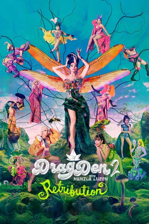 This vibrant poster features a central fairy with large wings, surrounded by colorful fairies in various poses. The scene is set against a dreamy, teal background with whimsical trees, evoking a magical and cheerful mood. The title "Drag Den" is prominently displayed in playful lettering, suggest...