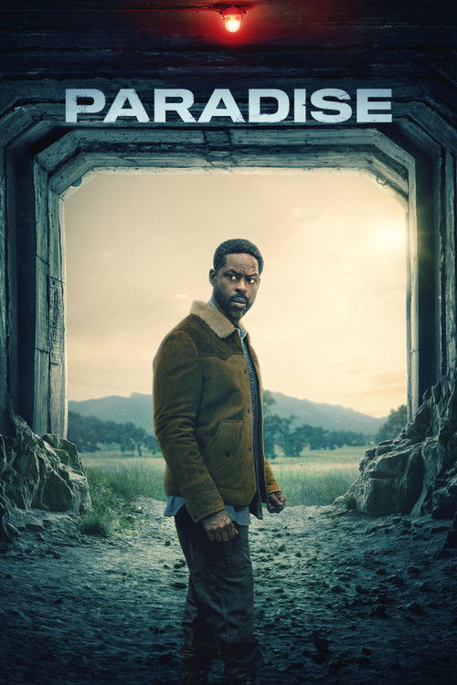 The poster features a rugged man in a brown jacket standing in a desolate, rocky landscape under a dramatic sky. The title "PARADISE" is prominently displayed at the top in bold, metallic letters. The muted earthy tones and shadowy atmosphere evoke a sense of mystery and danger, hinting at an int...