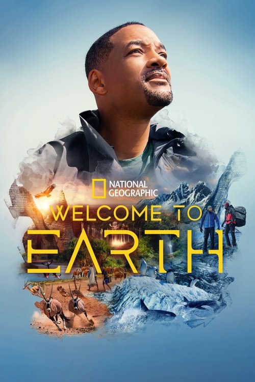 The poster features a contemplative man with a serene expression against a soft blue sky, evoking a sense of peace and introspection. The title "Welcome to Earth" is prominently displayed in bold, golden letters, surrounded by imagery of nature and people, creating a harmonious blend of human con...