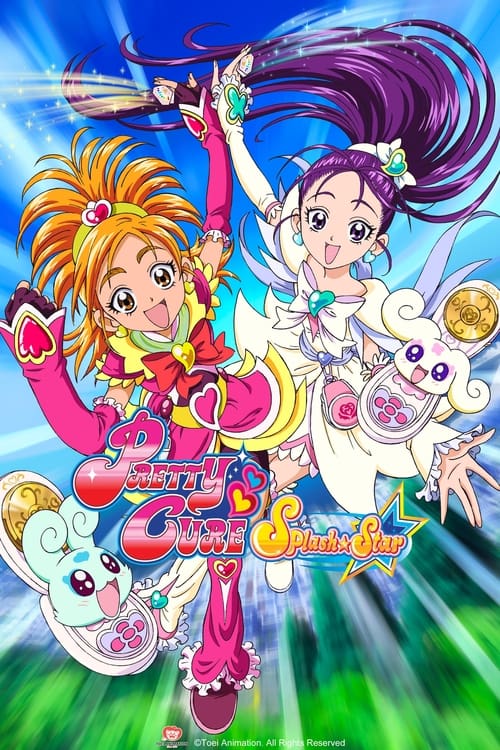 This vibrant poster showcases two PreCure characters in dynamic poses against a colorful, energetic background. The girl with orange hair and the girl with purple hair are both smiling and appear to be floating or flying, exuding joy and excitement. The bright colors and lively composition create...