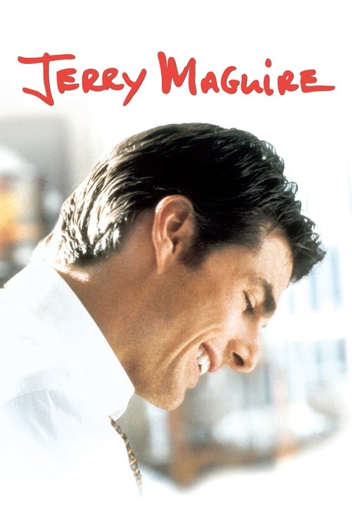 The poster features a close-up of Jerry Maguire in a white shirt, looking downward with a contemplative expression. The background is softly blurred, emphasizing the subject. The title "Jerry Maguire" is written in bold red letters at the top. The overall mood is serious and reflective.