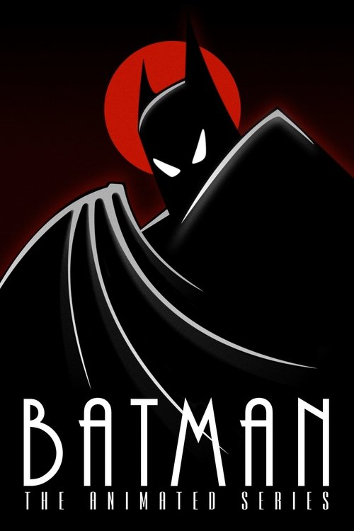 The poster features a stylized Batman silhouette against a dark, ominous background with a striking red crescent moon. The bold, white text "BATMAN" and "THE ANIMATED SERIES" dominate the lower portion, conveying a mysterious and thrilling atmosphere.