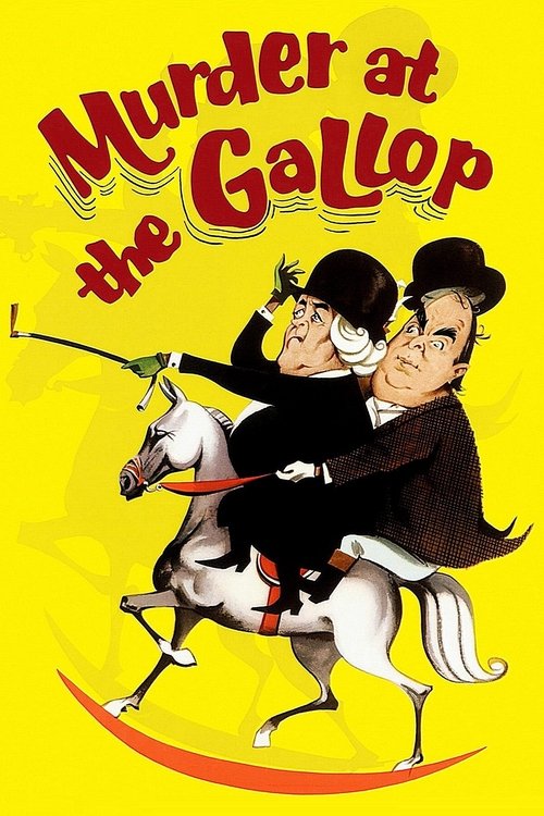 The poster features a chaotic scene with two men riding a white horse, one holding a gun and the other a pistol, set against a bright yellow background. The red title text and red swoosh add to the intense, comedic atmosphere.