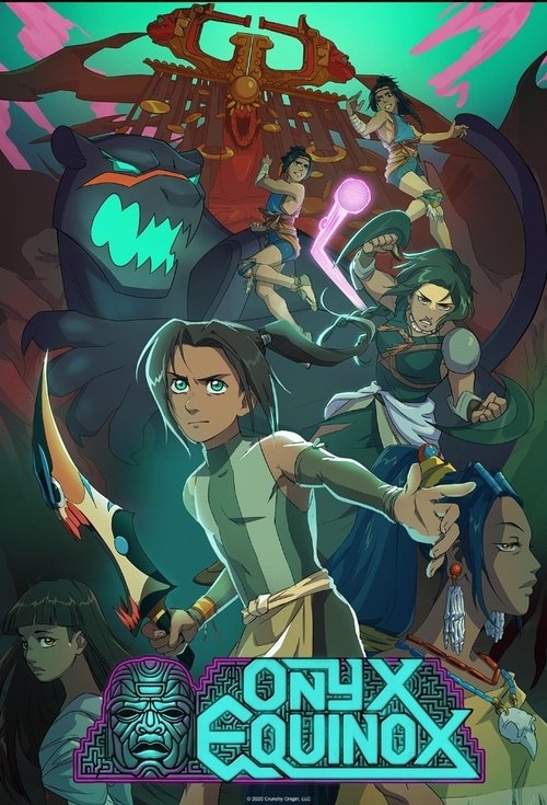 The poster features a dynamic scene with a central female character wielding a sword, surrounded by other characters in various poses. The background is filled with vibrant colors like teal, pink, and purple, creating an energetic and adventurous atmosphere. The title "Onyx Equinox" is prominentl...