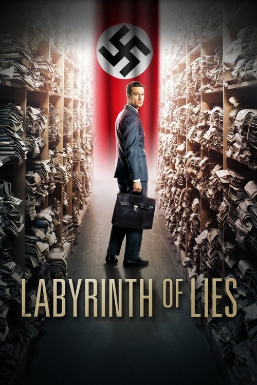 The poster features a man standing in a dark corridor filled with numerous figures, creating a sense of confinement and mystery. The Nazi swastika emblem looms above him, while the title "Labyrinth of Lies" is prominently displayed at the bottom. The overall atmosphere is dark and ominous, evokin...