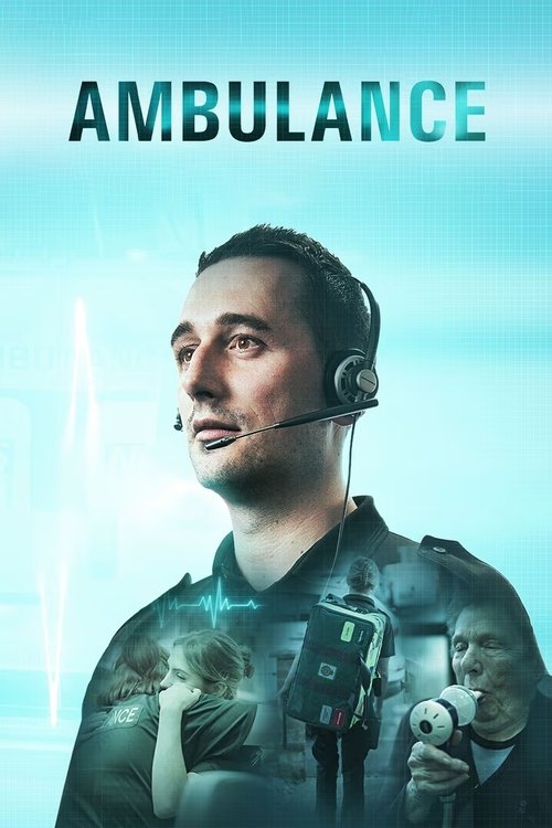 The poster features a man in an ambulance uniform with a headset, conveying urgency and professionalism. The background is a soothing light blue, suggesting calmness amidst the emergency. Subtle imagery of medical equipment and people adds depth to the scene, emphasizing the medical nature of the...