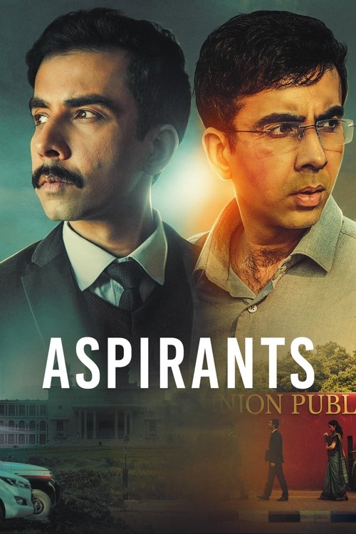 The poster features two men with intense expressions against a dramatic backdrop of warm and cool tones. The title "ASPIRANTS" is prominently displayed in bold white letters, suggesting themes of ambition and struggle. The overall mood is intense and mysterious, hinting at a high-stakes narrative...