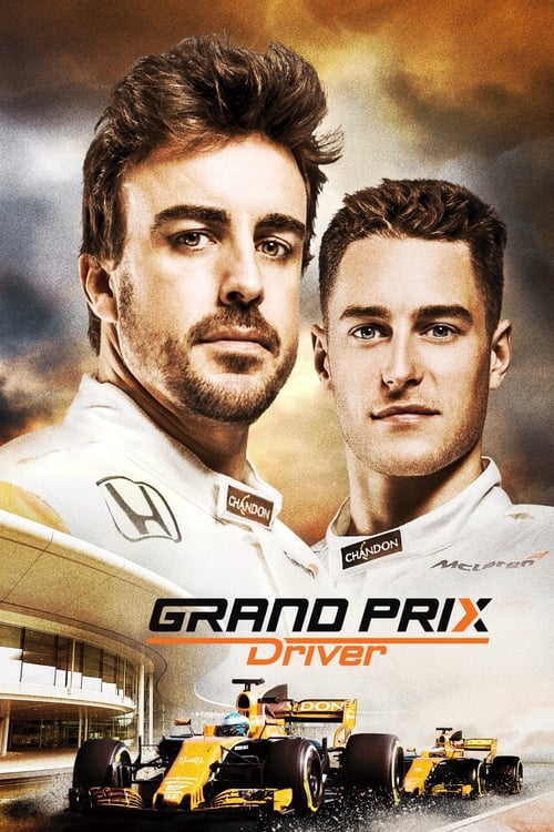 This poster features two Formula 1 drivers in white racing suits against a dramatic sunset backdrop. The title "Grand Prix Driver" is prominently displayed in bold, metallic lettering. The image evokes excitement and anticipation, capturing the thrill of motorsport with its dynamic composition an...