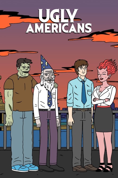 The poster features four characters against a dramatic sunset backdrop. The mood is humorous and slightly chaotic, with exaggerated expressions and vibrant colors that hint at the show's comedic tone.