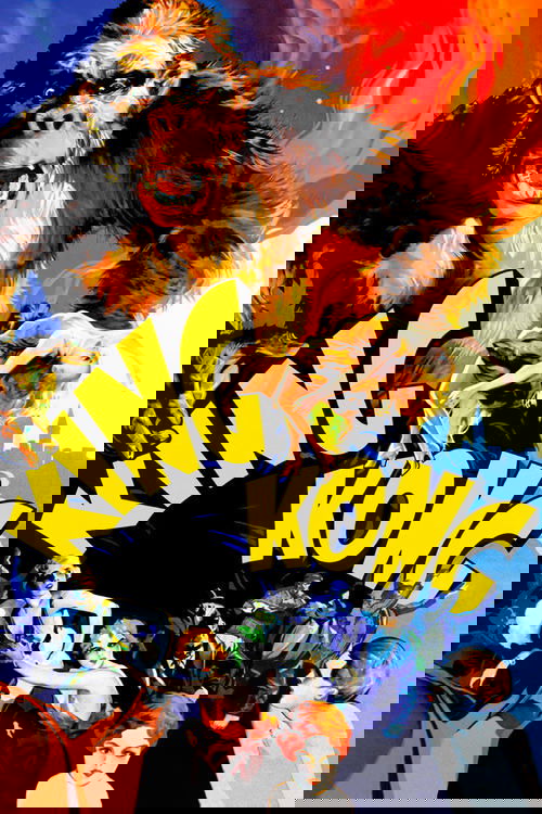 This vibrant poster features a colossal gorilla roaring against a fiery backdrop, with a woman in a dramatic pose nearby. The title "King Kong?" is boldly displayed in yellow, surrounded by smaller figures of characters in action poses. The dynamic composition and vivid colors evoke a sense of ad...