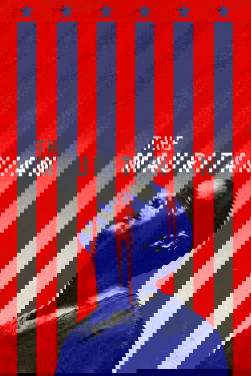 The poster features a man in a blue shirt against a red and white striped background, evoking a sense of mystery and historical intrigue. The bold typography and patriotic colors suggest a narrative steeped in American history and cultural identity.