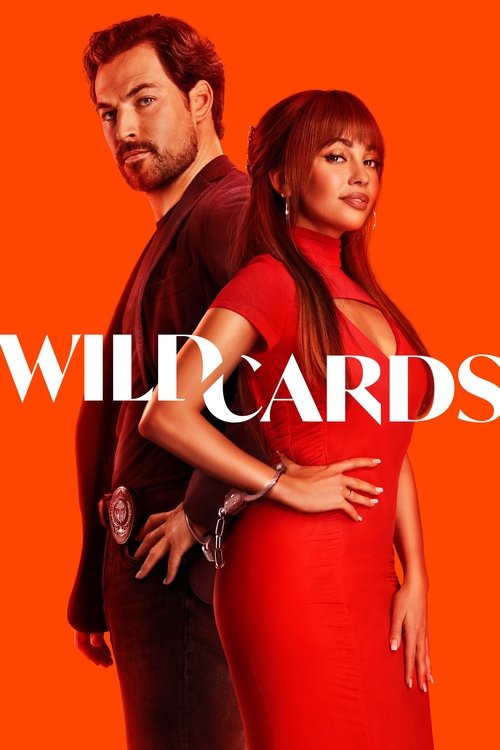The poster features a man and woman standing against a vibrant orange background, exuding confidence and allure. The bold white text "WILD CARDS" dominates the frame, suggesting a thrilling and mysterious narrative. The dynamic poses and striking colors evoke an exciting and adventurous mood.