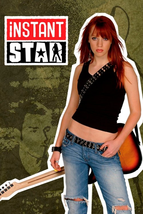 The poster features a striking woman with red hair and a black top, holding a guitar against a muted green background. The bold red "INSTANT STAR" logo dominates the top left, creating a bold and energetic visual that captures the show's dynamic energy.