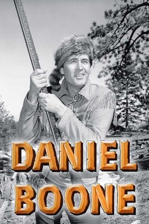 This black-and-white poster features a rugged man with a rifle, exuding a timeless, adventurous mood. Bold orange text announces "Daniel Boone" against a backdrop of trees and sky, evoking the classic Western spirit.