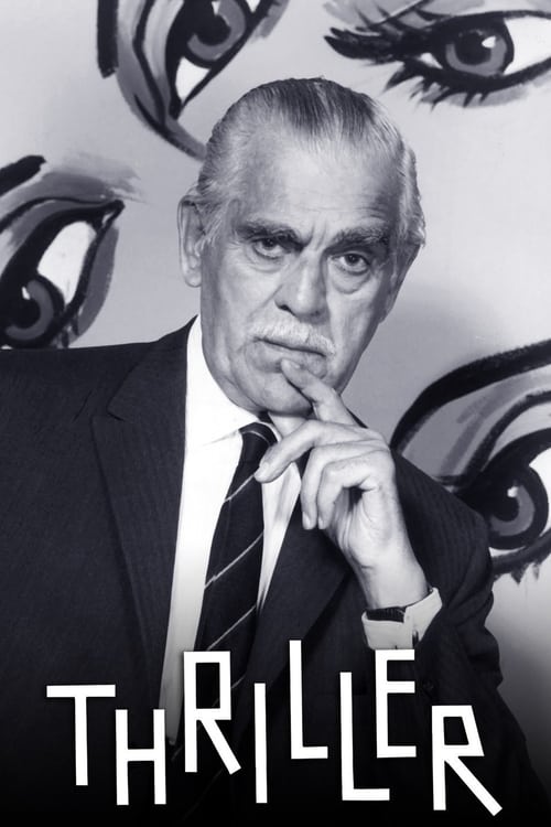 The poster features a stern, contemplative man in a dark suit against a backdrop of dramatic, swirling black and white eye motifs. The bold, white "THRILLER" text anchors the composition, evoking suspense and mystery. The mood is intense and foreboding, suggesting a gripping thriller with a myste...