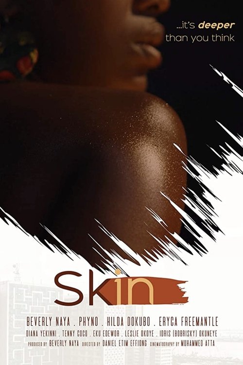 The poster features a close-up of a person's bare shoulder, with bold black brush strokes adding a dramatic effect. The warm, earthy tones of the skin contrast with the stark white background and bold red text, creating a visually striking and evocative mood.