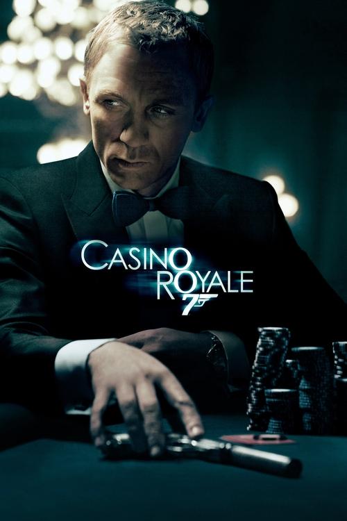 The poster features a man in a dark suit, exuding mystery and sophistication. The title "Casino Royale" glows in neon blue against the dark background, creating a striking contrast. The dimly lit scene with soft bokeh lights adds an atmospheric, suspenseful mood, hinting at the thrill of the game.
