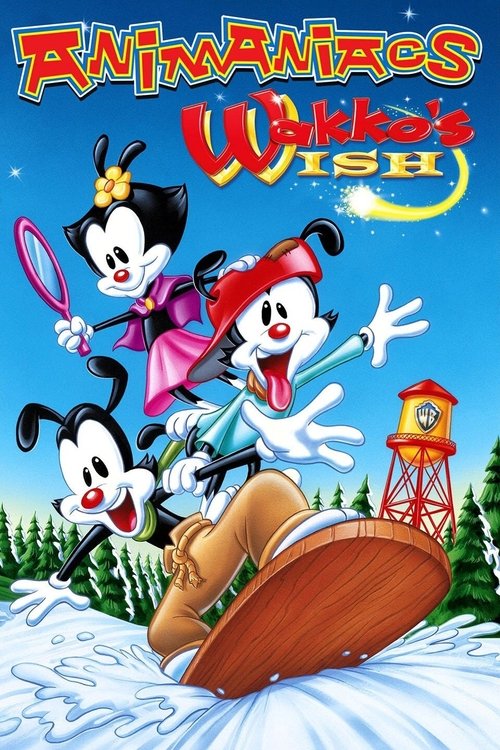 The poster features three animated characters—Wakko, the raccoon, and two other figures—joyfully riding a snowboard in a snowy landscape. The vibrant colors of red, blue, and green contrast with the white snow, creating a cheerful and lively atmosphere. The title "Animaniacs: Wakko's Wish" is pro...