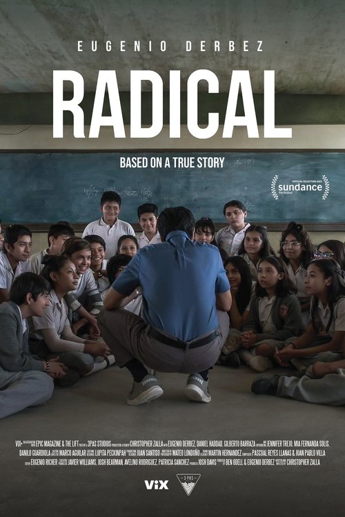 The poster features a group of students in a classroom setting, with one student in a blue shirt kneeling in the foreground. The muted tones and shadowy atmosphere convey a somber mood, while the students' expressions suggest a mix of curiosity and apprehension. The title "Radical" stands out in ...