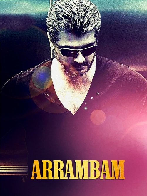 The poster features a rugged man with slicked-back hair and sunglasses, exuding confidence against a dark, moody background. Vibrant pink and purple hues create an intense atmosphere, while the bold, golden-yellow title "ARRAMBAM" anchors the composition.