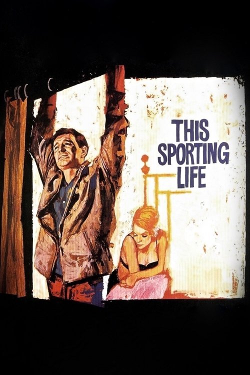 The poster features a man in a brown jacket and a woman in pink sitting on a chair, both framed against a warm, textured background. The title "THIS SPORTING LIFE" is prominently displayed in bold, uppercase letters. The overall mood is nostalgic and slightly humorous, capturing the essence of a ...