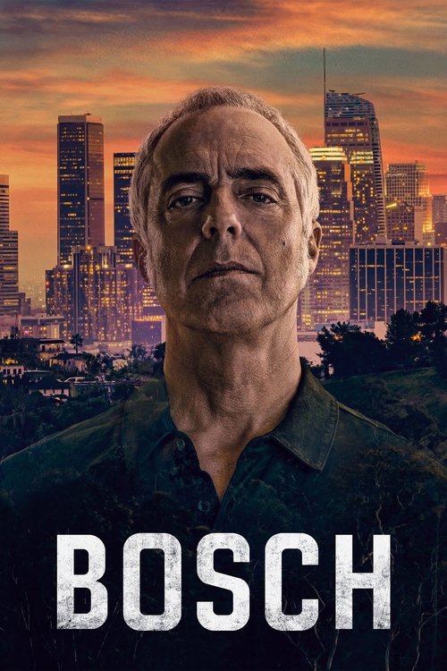 The poster features a weathered man with a serious expression against a vibrant sunset backdrop of illuminated skyscrapers. The bold, white text "BOSCH" anchors the image, evoking a sense of urban drama and mystery.