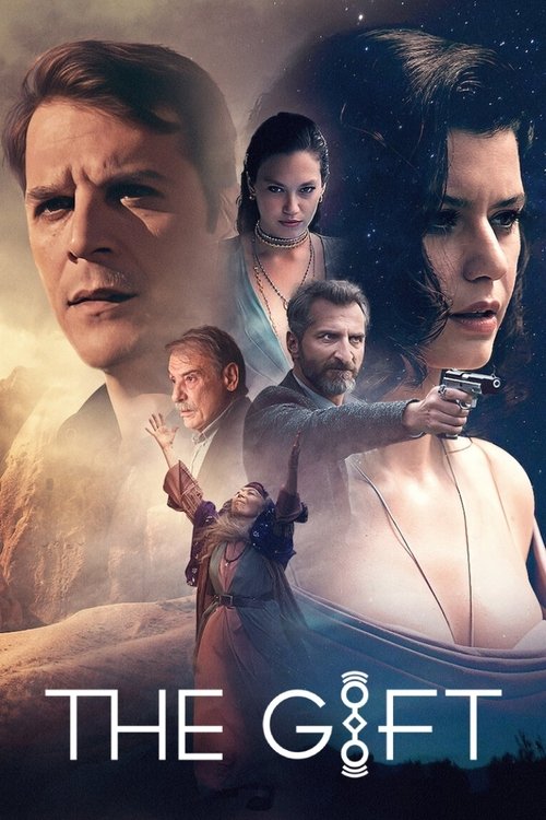 The poster features a dramatic composition with four characters against a mystical, starry background. A woman in a white dress holds a gun, while others look intense or contemplative. The warm golden hues contrast with cool blues, creating an atmosphere of mystery and suspense. The title "THE GI...