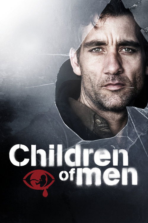 The poster features a rugged man with a serious expression, his face partially obscured by shadows and dramatic lighting. The title "Children of Men" is prominently displayed in bold white letters, accompanied by a red eye symbol. The overall mood is somber and intense, reflecting the film's them...