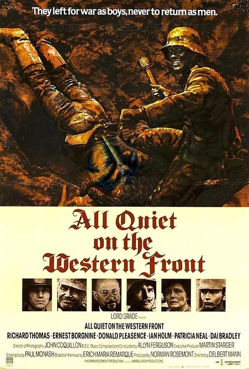 The poster features soldiers in rugged, earthy tones against a dramatic, stormy sky. The title "All Quiet on the Western Front" is prominently displayed in bold red letters, evoking a sense of historical gravity and emotional weight. The image captures the gritty atmosphere of World War I, with s...