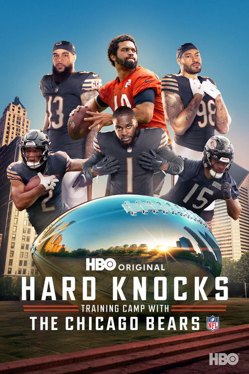 The poster features six football players in vibrant colors—reds, blues, and blacks—standing on a globe with the Chicago Bears logo. The mood is energetic and nostalgic, capturing the spirit of the 1990s NFL season.