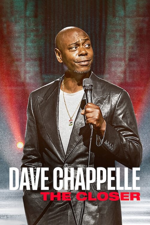A bald man in a black leather jacket holds a microphone, exuding confidence against a vibrant red and blue backdrop. The poster features bold white and red text for "Dave Chappelle: The Closer," capturing the essence of his comedic style and stage presence.