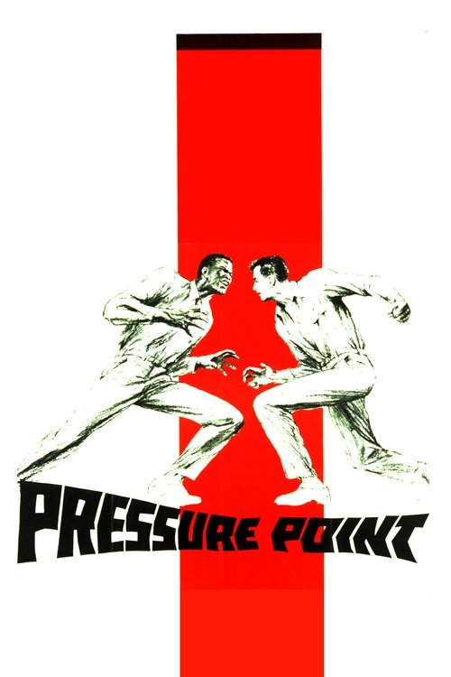 The poster features two muscular figures in dynamic poses, exuding strength and energy. The bold red background contrasts sharply with the white silhouettes, creating a striking visual impact. The word "PRESSURE POINT" is prominently displayed in black, emphasizing the film's intense and gritty t...
