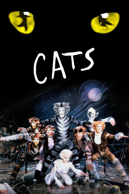 The poster features a group of animated cats in a dark, mysterious setting with glowing yellow eyes. The mood is eerie and suspenseful, with the title "CATS" prominently displayed in bold white letters.
