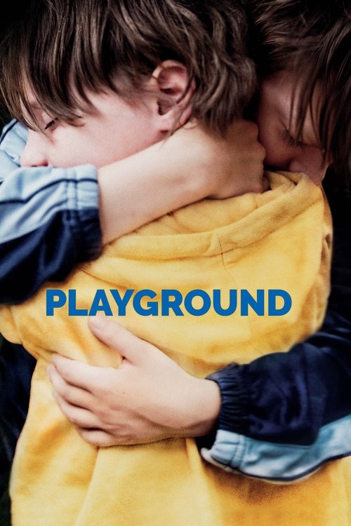 The poster features two children hugging tightly, their faces pressed together in a moment of pure comfort. The warm yellow blanket contrasts with the cool blue tones, evoking a sense of safety and nostalgia. The bold blue text "PLAYGROUND" anchors the image, suggesting a playful yet heartwarming...