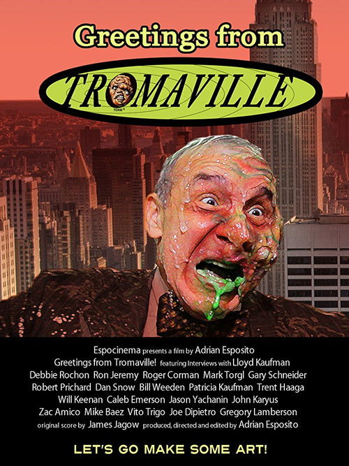 This movie poster features a surreal, eerie scene with a man in a white coat and green hat, surrounded by towering skyscrapers under a dark sky. The title "Greetings from Tromaville!" is prominently displayed in bold, stylized text. The overall mood is mysterious and slightly unsettling, with a m...