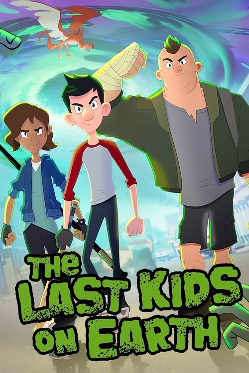 The poster features three animated characters standing against a vibrant, dreamy sky with swirling colors. The boy in the center wears a red shirt and holds a fan, while the girl on the left has brown hair and a blue jacket. The man on the right sports a green hat and gray shirt. The title "The L...