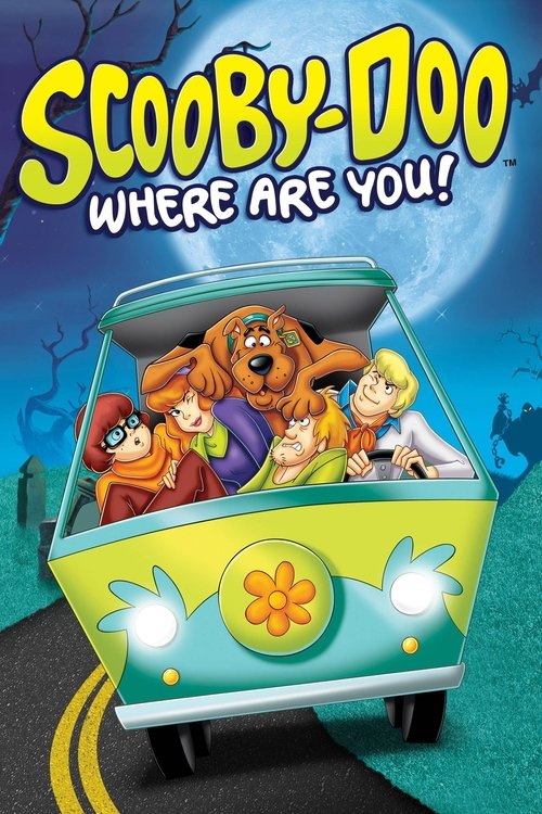 This vibrant TV show poster features Scooby-Doo and his friends in a cheerful, cartoonish bus against a spooky moonlit backdrop. The playful colors and dynamic composition evoke a fun, adventurous mood, inviting viewers to join the chase.