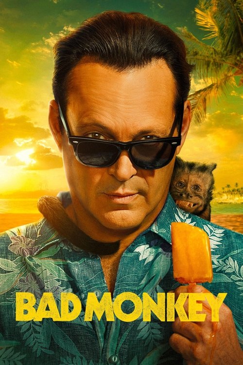 The poster features a rugged man in sunglasses, holding a popsicle against a tropical sunset backdrop. Vibrant colors like oranges and yellows evoke a warm, adventurous mood, suggesting a blend of humor and exotic charm.